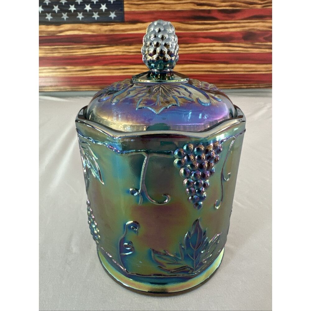 Vintage Carnival Glass 7” Blue Iridescent Grape Harvest Canister Jar with Lid